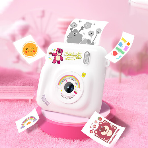SONGDIAN Polaroid camera, Strawberry Bear, inkless printer, front and rear dual cameras, 48 million pixels, white, official standard configuration + 32G memory, free 4 rolls of printing paper