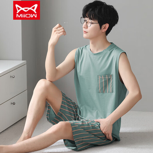 Catman (Miiow) Vest Pyjamas Herrenmodal Frühlings- und Sommer-Rund-Hals-Shorts Home-Kleidung lose und vergrößerte 12027 [Herrenanzug] l [vorgeschlagen 100-140jin [Jin entspricht 0,5 kg]]