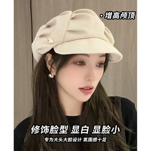 Hat Korean short-brim beret cloud octagonal hat for women autumn thin large head circumference versatile hat trendy black