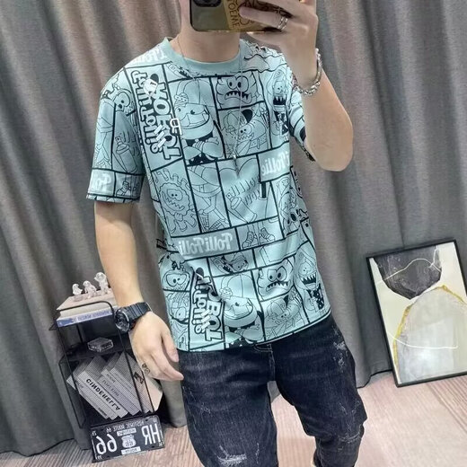 冰丝短袖t恤男2025夏季新款满身印花体恤衫修身半袖冰感男装汗衫 绿色 846 XL 846