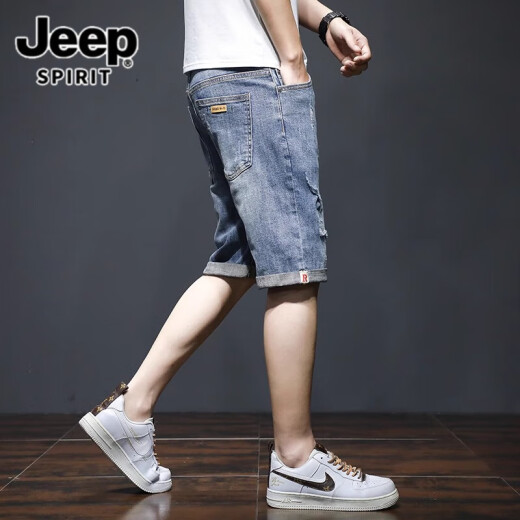 
JEEP SPIRIT Jeep denim shorts men's summer thin loose trendy brand five-point mid-pants Korean style trendy ripped elastic 5-point short 689 blue ripped model 34 [(2 feet 7) Weight 155-165 Jin [Jin equals 0.5 kg]]