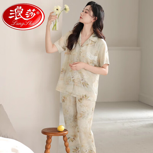 浪莎（LangSha）睡衣女士夏季短袖长裤中年妈妈套装感丝绸夏款半袖家居服外穿 6626 M (建议穿着体重80-100斤)