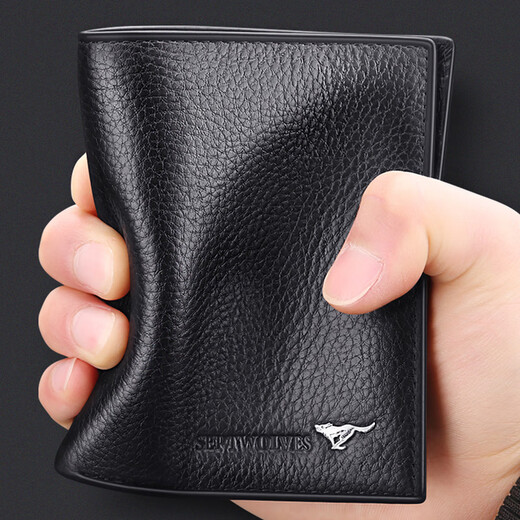 Sieben Wolf Wallet Herren echtes Leder Kurzer Brieftasche 2025 Neue Top -Layer -Cowide -Clip großer Kapazitätskartenbeutel Dad Style 1 Schwarz [Seidenabdruck Wolfsmarke/Geschenkbox]