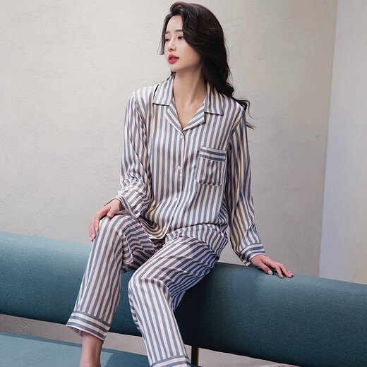 
MONTAGUT 2025 new pajamas for women in spring and autumn ice silk long sleeve striped cardigan lapel fashion internet celebrity home clothing set xe double length 6625# gray pink stripes one size m