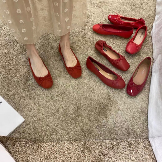Jingpufei Bogen mit flachem Mund flacher Einzelschuhe für Frauen Ballettschuhe rot 2025 J683-4 Rot 38