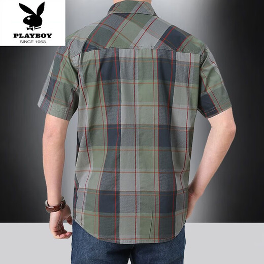 Playboy (Playboy) Sommer mittleren Alters und älteren Kurzärärmelen-Hemds Pure Cotton Lose Lose großer Daddys Plaid-Doppel-Taschenarbeit Top Tief Khaki 5009 5xl