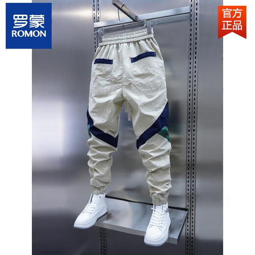 罗蒙（ROMON）男士春秋新款拼色束脚休闲裤松紧腰拼接小脚裤潮流新款时尚哈伦裤 黑色 32 建议135-150斤