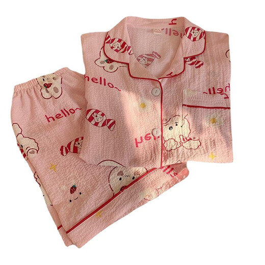 HUALIN FASHION夏季粉花泡泡袖短袖可爱薄款家居服套装 zd-673#杏色爱心 180 XL