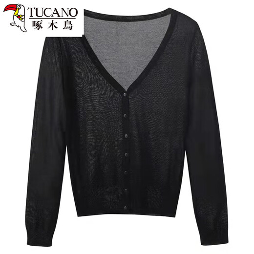 Woodpecker shawl with knitted cardigan for women in summer extra large size fat mm200Jin[Jin equals 0.5 kg] Ice silk sweater sun protection thin coat Black 2XL 110-120Jin[Jin equals 0.5 kg]