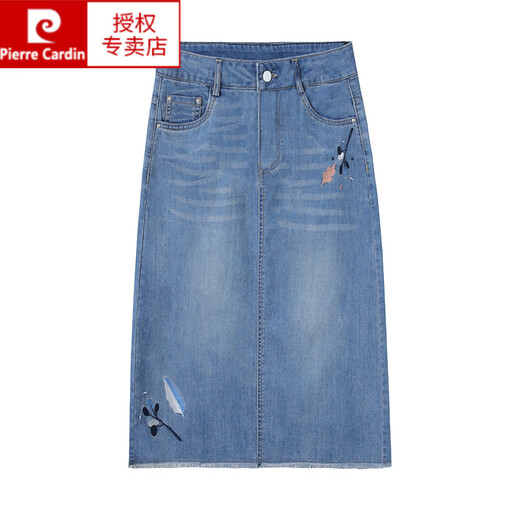 Pierre Cardin (Pierre Cardin) Überknee-Schlitzfell-Kanal-Denim-Rock für Frauen 2025 Sommer neuer schlanker Stickerei einstufige Hüft-Mid-Rock Blue XL 29 [Vorschlagen 15125jin [Jin gleich 0,5 kg]]]