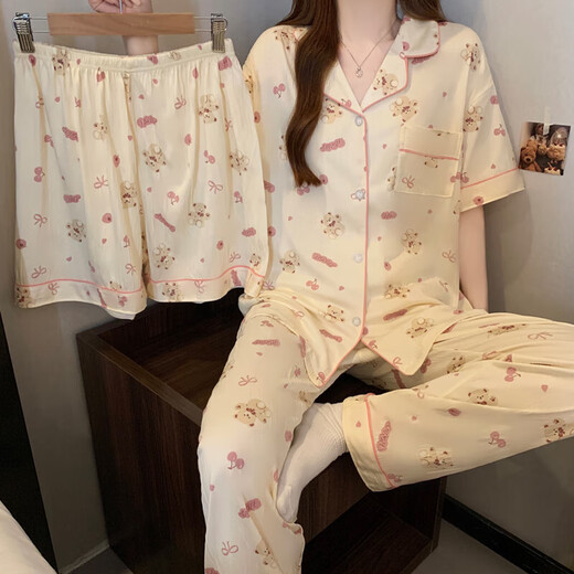 新款睡衣三件套女卡通少女夏季薄款休闲短袖日系甜美风家居服套装 套KK1502 2XL 【建议135-150斤】