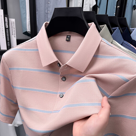 
Kangaroo (DaiShu) short-sleeved T-shirt for men 2025 summer trendy striped lapel half-sleeved business casual loose large-size top middle-aged AN15100 light sky blue 3XL