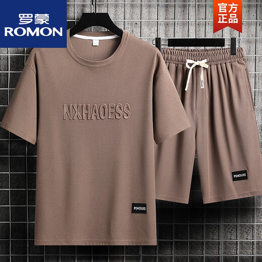 罗蒙（ROMON）休闲运动套装男夏季潮牌冰丝t恤薄款短裤大码短袖帅气搭配两件套 套装TZ829灰色上衣裤子 L 建议110130斤