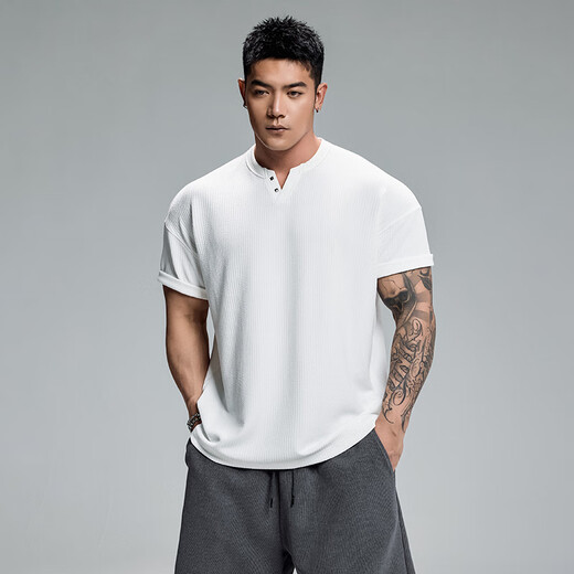 
MUSCLEDOG Muscle Dog Fitness Short Sleeve Men's Summer New Products Loose Casual Henry Shirt Training Suit Sports T-Shirt Black 3XL