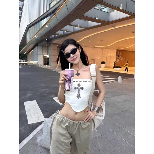 Chuangjingyi chooses orchid girl cross printed tube top summer style navel-baring hot girl vest sleeveless American short style white S 80-90Jin Jin is equal to 0.5 kg