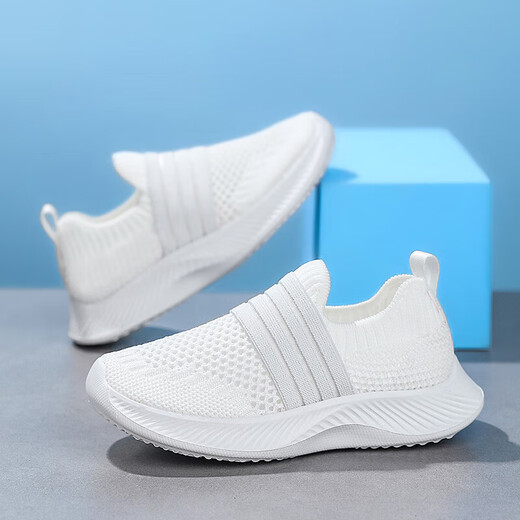 Chaussures en maille pour enfants Summer Breathable Hollow Single Net pour hommes et filles Chaussures de sport pour le printemps et l'automne Maisses de course pour enfants moyens pour les enfants Couverture 677 White [Single Net Hollow Summer Style] 34 [Longueur intérieure 22,0 cm]