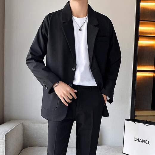 
Playboy business draped casual suit suit men's loose Korean style jacket summer handsome blazer summer black nine-point pants + black jacket XL