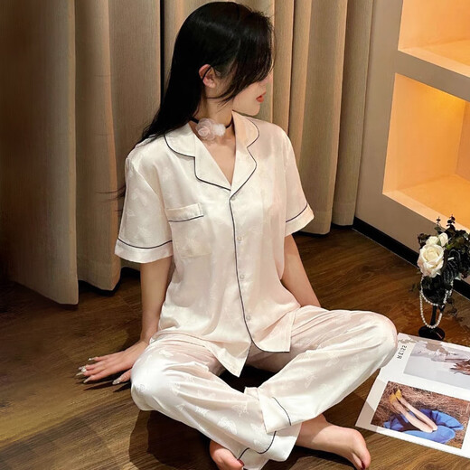 莫代尔气质ins淑女风夏季冰丝睡衣女款短袖长裤纹理感蝴蝶高级感家居服 套YFY9905【面料】 M (建议80-100斤)
