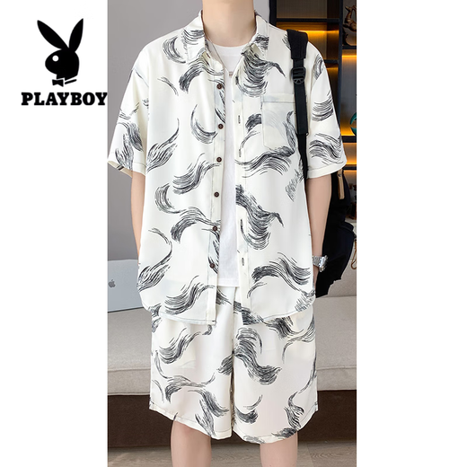Playboy (Playboy) Shirt à manches courtes d'été masculin Set Youth Keorn Korean Style Trendy Thin Ice Silk Shirt Un ensemble de vêtements lâches et beaux 679 Black 2xl