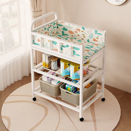 Diaper table baby care table multi-function full iron frame movable baby diapers newborn bathtub two-layer milk color nude diaper table
