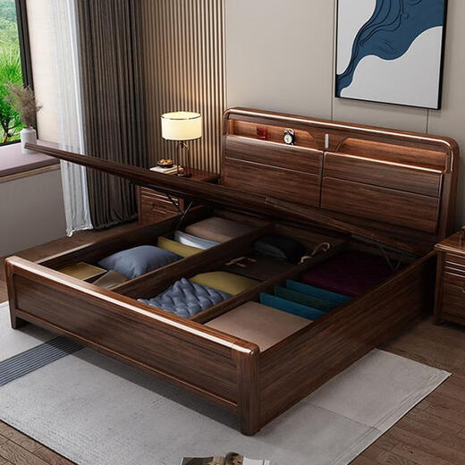 Zixi walnut solid wood bed 1.8 meters factory high box bedside storage with lights master bedroom thickened 2 meters double bed walnut single bed with night light/bull socket 1800*2000mm air pressure double extraction structure/full bed bed board