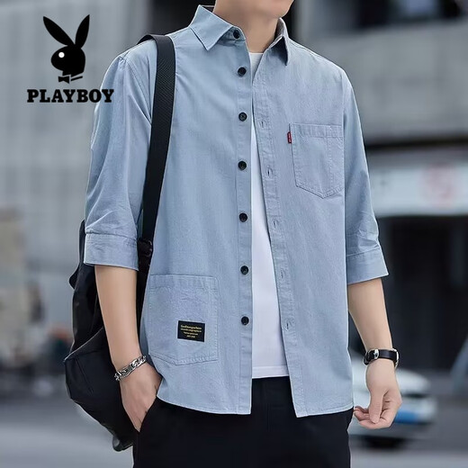 花花公子（PLAYBOY）纯棉七分袖衬衫男夏季薄款高端中袖衬衣男士休闲短袖t恤男款外套 A702绿色（七分袖衬衫） M