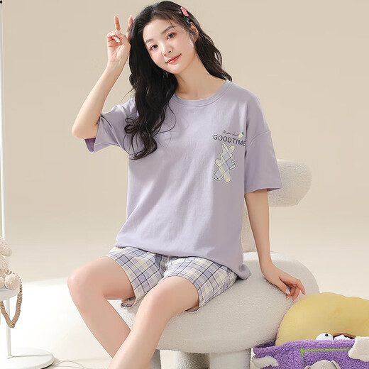 Pajama de manga corta a cuadros de verano Juego de pijamas para el hogar algodón de algodón de gran tamaño MM200Jin [Jin equivale a 0.5 kg] se puede usar afuera en el verano de la versión coreana KNC3519 m (recomendado 80-95Jin [Jin iguala 0.5 kg])