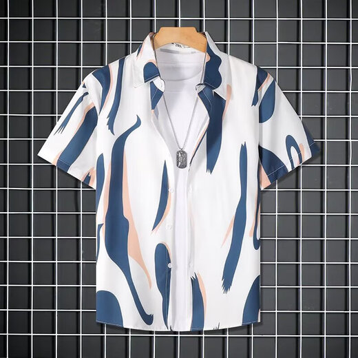 
Short-sleeved shirt men summer striped short-sleeved shirt men casual loose large-sleeved trendy floral shirt jacket square plaid [Storm 673] 2XL