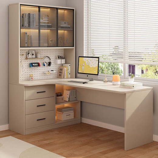 Katisha simple solid wood computer desk corner desk bookcase integrated bedroom student furniture writing desk cream white bookcase right (home package installation) 120 length x 98 width x 170cm height