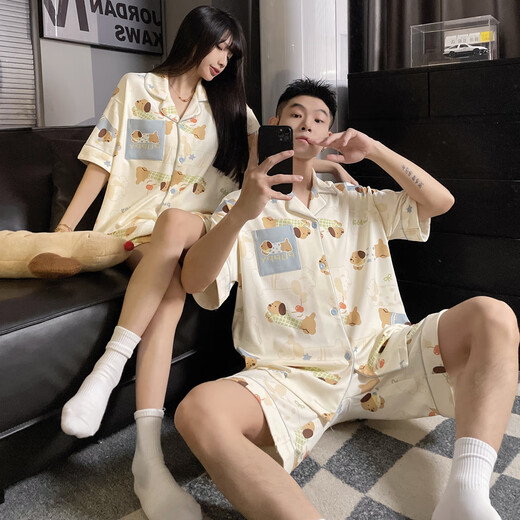 雅鹿情侣睡衣男女款夏季短袖加大码加肥卡通小狗薄款家居服可外穿套装 MJ-S761#米其双短(男图) M 75-95斤