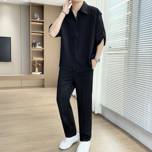 AEMAPE fashion trendy shirt men's summer suit light and handsome match with business casual slim trousers men's suit 718 meters white (seven-quarter sleeves) 3XL Recommended 160-175 Jin [Jin equals 0.5 kg]
