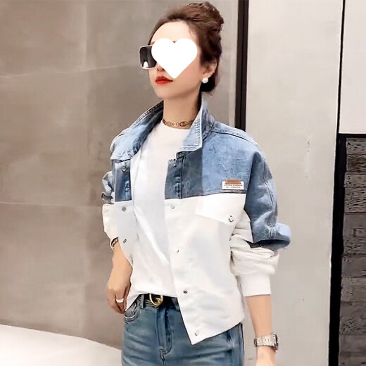 Xcfreht [4811 Personas elogiadas] Tiktok Denim Jacket for Women en primavera y otoño 2025 Nuevo estilo Denim contrastante bordado bordado 9926# Modelo de imagen [Azul] S [Sugerencia 80--100Jin [Jin equivale a 0.5 kg]]