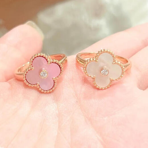 DL 1998 Fat Donglai same style color gold ring 18k 18K gold four-leaf clover ring for women full of diamonds rose gold diamond four-leaf clover hand white gold white mother-of-pearl with diamond four-leaf clover ring US size 7