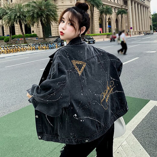 单南卫牛仔外套女春秋款新款宽松小个子牛仔衣外穿夹克 9926#图片款【黑色】 3XL 【建议156--165斤】