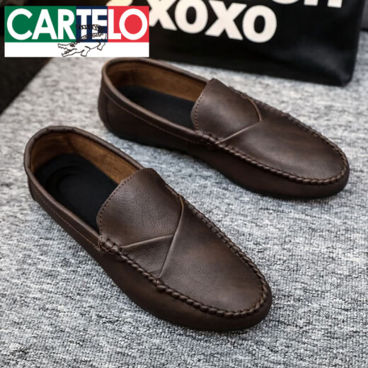 CARTELO men's beanie shoes Korean version of business work casual leather shoes breathable and versatile non-slip one-step men's shoes 2025 spring J40-D829 brown special price brand cut off 44 high-end flagship genuine products