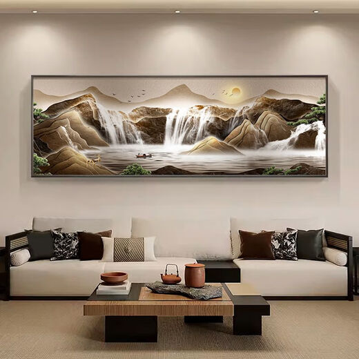 The weekend island flows water and makes money, landscape and living room decoration paintings, new Chinese sofa background wall hanging paintings, atmospheric treasure pot murals, Baojuling Mountain 18060cm*1 cm, black aluminum alloy frame + oil canvas