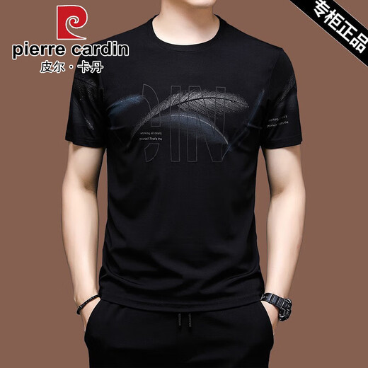 Pierre cardin high-end short-sleeved T-shirt for men ice silk half-sleeved summer sweatshirt mercerated cotton embroidered loose middle-aged top fashion [Father's Day gift] X733 black M 165 [recommended 100-120 Jin [Jin equals 0.5 kg]]