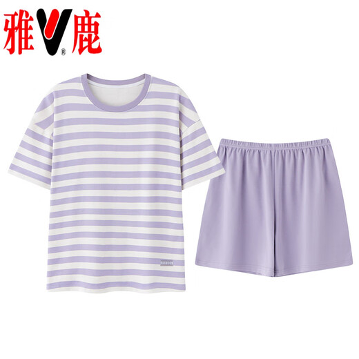 雅鹿棉质短袖睡衣女夏季薄款带胸垫甜美少女学生圆领夏天家居服 短//袖短//裤：B12241 3XL 女140-155斤】