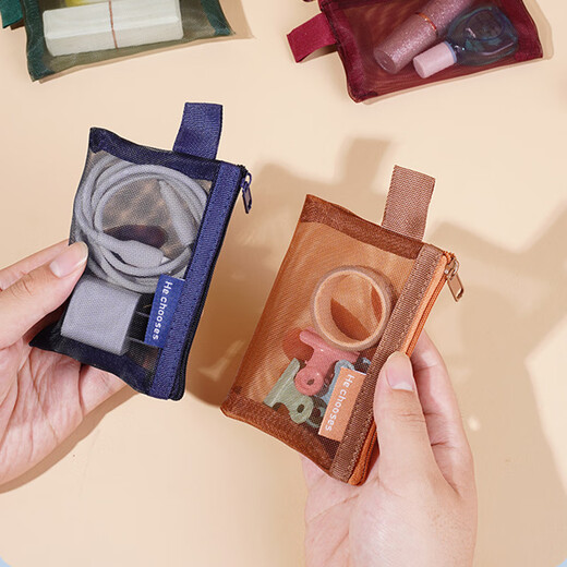 Tingzhi New Cosmetic Bag Mesh Storage Bag Portable Travel Toilet Bag Small Travel Coin Purse Lipstick Cosmetic Brush Blue + Brown - Main Picture Style (Pack of Two) 11.5 8cm