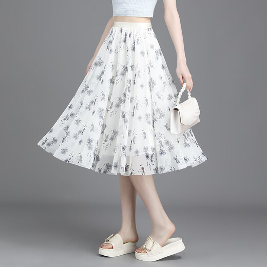 Waterside Clothes 2025 summer new floral skirt for women with small fresh short skirt with large swaying mesh printed A-line slim chiffon mid skirt 9906-5# One size (suggested 90-145Jin [Jin equals 0.5 kg])