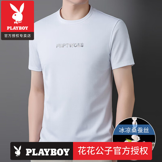 Playboy (Playboy) High-End 2025 Neues T-Shirt für Herren für den Sommer für den Sommer atmungsaktiven dünnen, lässigen Maulbeer-Seide Feste Farbe halbärmelte offizielle offizielle Ladenmarke D13603 Black M 165