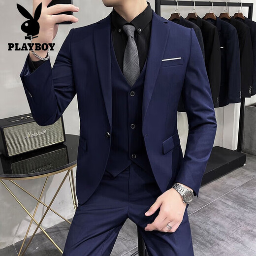 Playboy (PLAYBOY) light luxury high-end men's groom's suit suit men's three-piece wedding dress casual formal dress handsome small suit black three-piece suit (suit + vest + trousers) 2XL