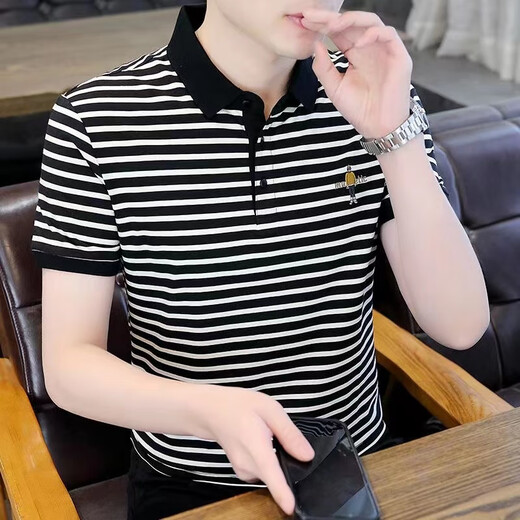 Pierre cardin high-end striped polo shirt men's t-shirt lapel cotton short-sleeved summer new casual trend ice silk t-shirt 983 white stripes [high quality] M 85-100Jin [Jin equals 0.5 kg]