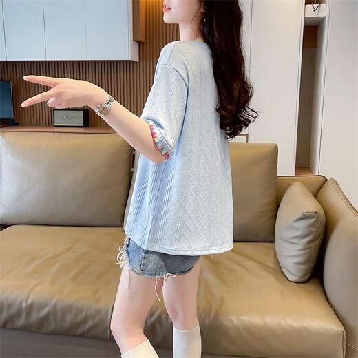 AEMAPE夏装女装刺绣白色短袖T恤女2025新款夏季小个子上衣夏天衣服 KM9277-蓝色 L 建议110-125斤