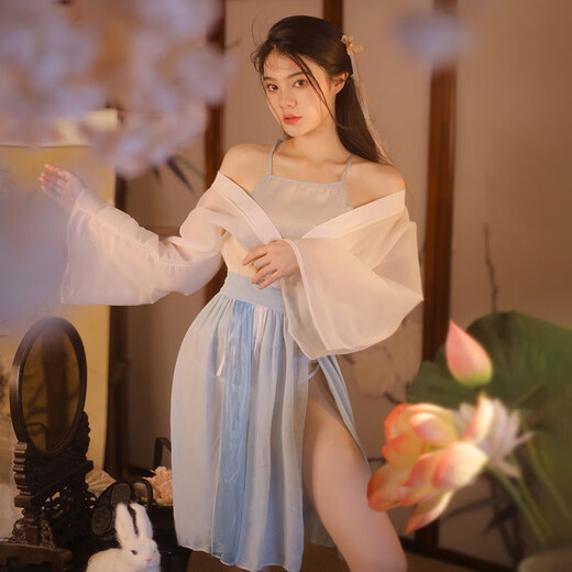霏慕女睡衣性感套装角色扮演制服诱惑短裙秘书服女仆战袍 6198蕾丝拼接复古褶皱【吊带裙+裤 袖套新年红】