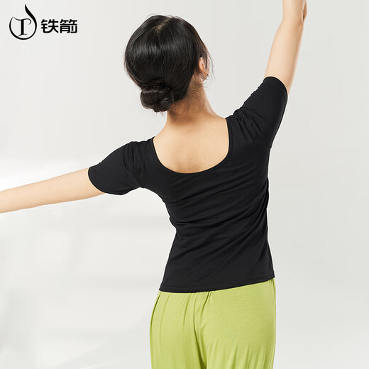 铁箭舞蹈服V领成人形体服上衣中国古典芭蕾舞练功服女 黑色短袖  L