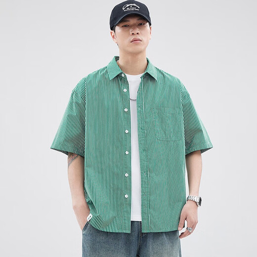 Pinstripe purple American short-sleeved shirt men's summer thin style 2025 new small patch pocket five-point sleeve work shirt Green Z983 XL [130-150Jin [Jin equals 0.5 kg]]