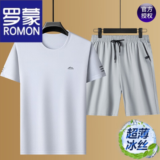 罗蒙（ROMON）休闲套装男士夏季短袖套装男冰丝t恤男薄款运动体恤汗衫2025新款 PZ5012-黑色【蓝上衣+黑短裤】 XL 175建议130-150斤