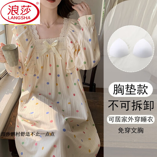 浪莎（LangSha）2025新款春秋季天长袖波点女士睡裙带胸垫一体大码睡衣孕妇家居服 16863 不带胸垫 M (建议体重80-100斤)
