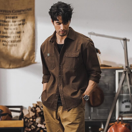 杰雷诺美式复古工装衬衫式夹克外套男春秋2025新款宽松潮牌休闲长袖衬衣 咖啡 L 适合125-145斤